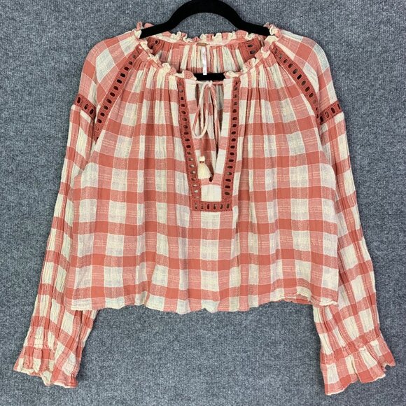 We The Free Tops - Free People Honey Grove Plaid Blouse Shirt Top Cotton Cutout Lace SMALL